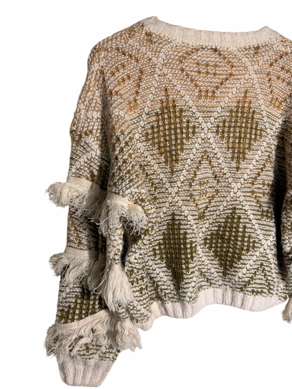 Sadie & Sage Olive and Cream Fringe V-Neck Sweater - Picture 6 of 9